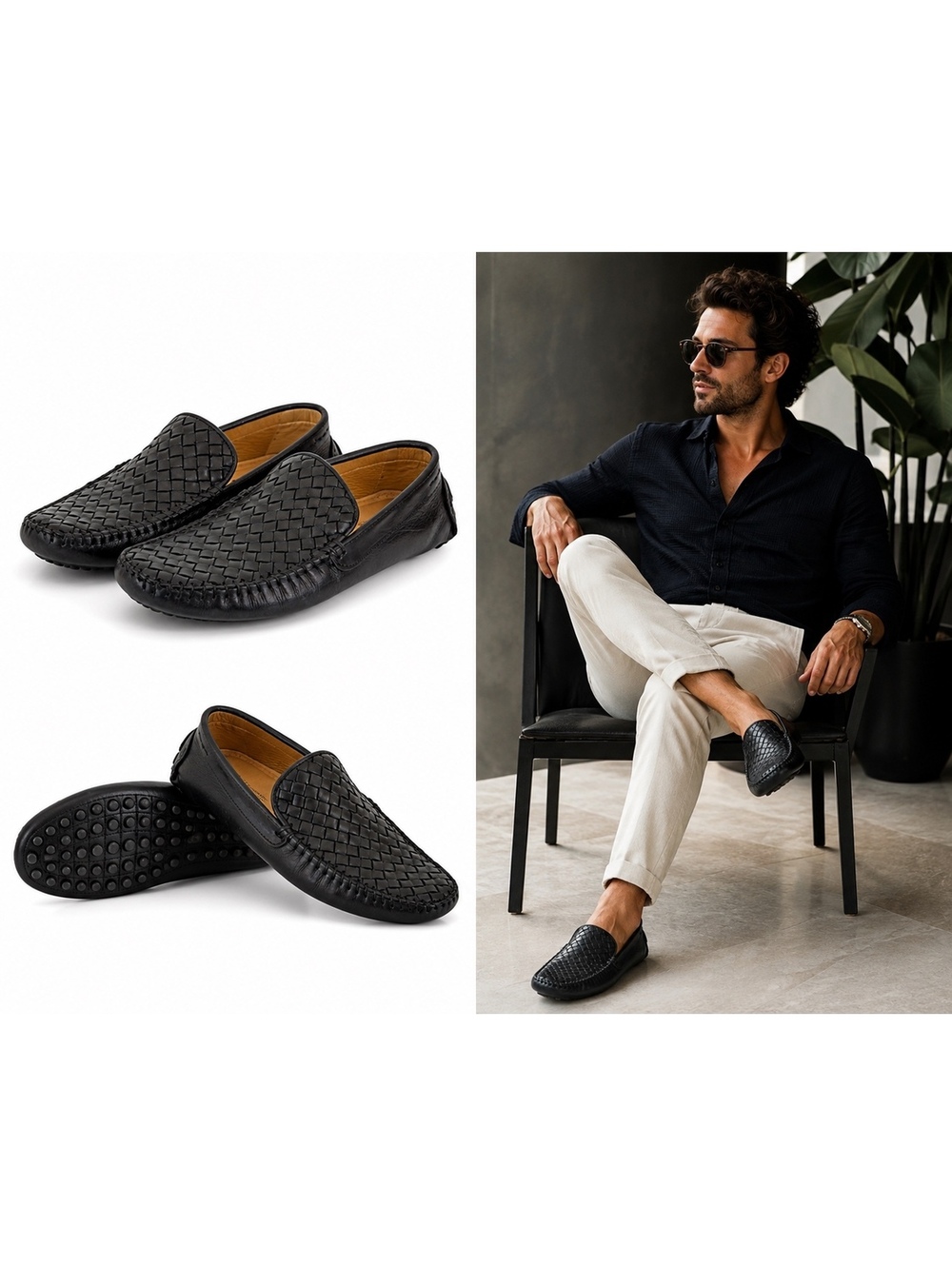 Saks Fifth Avenue Woven Leather Driving Loafers Black Men's 7 Made in Brazil